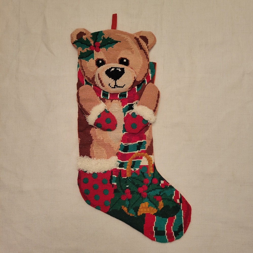 3D Vintage 21.5" Christmas Stocking Red Needlepoint Teddy Bear Holiday Decor